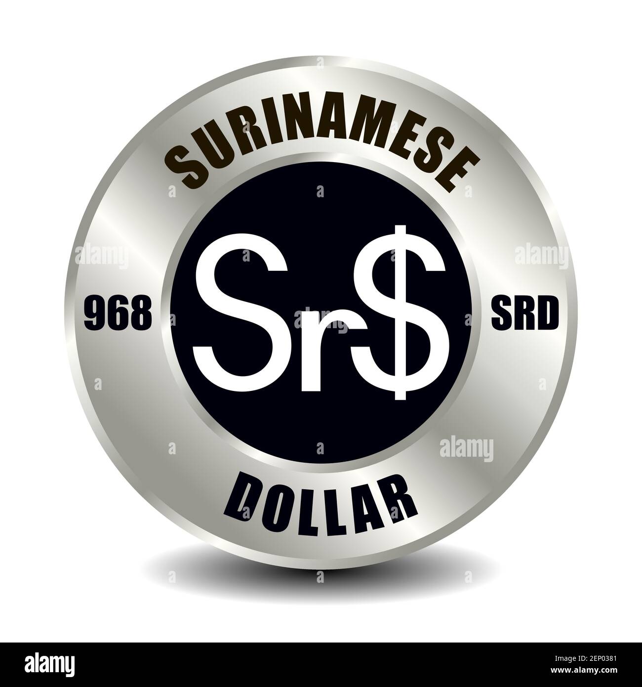 Icona del denaro del Suriname isolata su una moneta rotonda d'argento. Simbolo vettoriale della valuta con codice ISO internazionale e abbreviazione Illustrazione Vettoriale