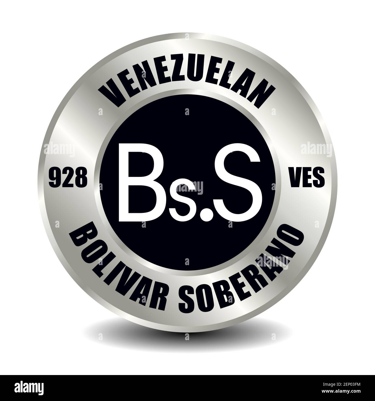 Icona del denaro del Venezuela isolata su moneta d'argento rotonda. Simbolo vettoriale della valuta con codice ISO internazionale e abbreviazione Illustrazione Vettoriale