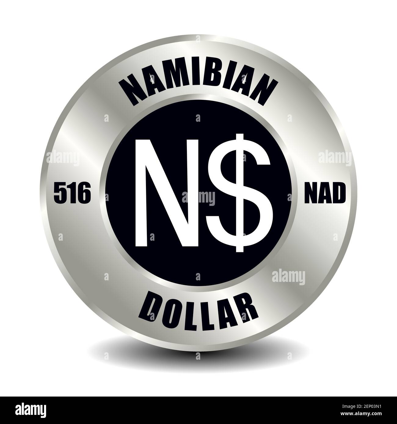 Namibia icona del denaro isolata su moneta rotonda d'argento. Simbolo vettoriale della valuta con codice ISO internazionale e abbreviazione Illustrazione Vettoriale