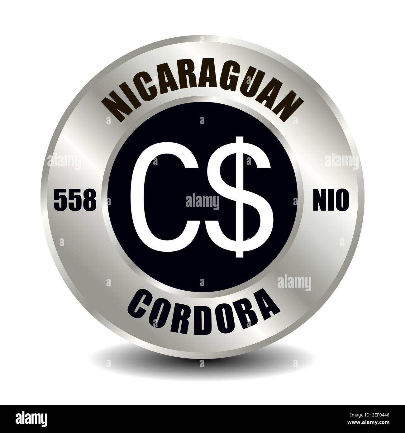 Nicaragua icona del denaro isolato su moneta rotonda d'argento. Simbolo vettoriale della valuta con codice ISO internazionale e abbreviazione Illustrazione Vettoriale