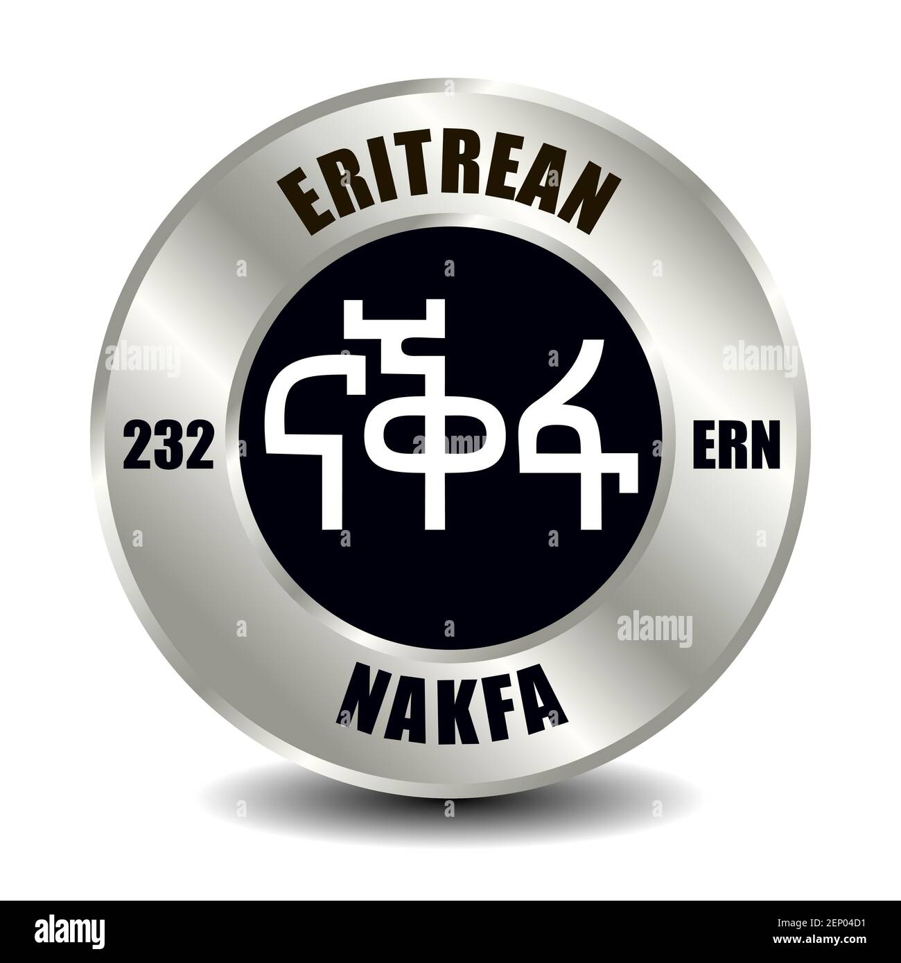 L'icona del denaro dell'Eritrea è isolata su una moneta rotonda d'argento. Simbolo vettoriale della valuta con codice ISO internazionale e abbreviazione Illustrazione Vettoriale