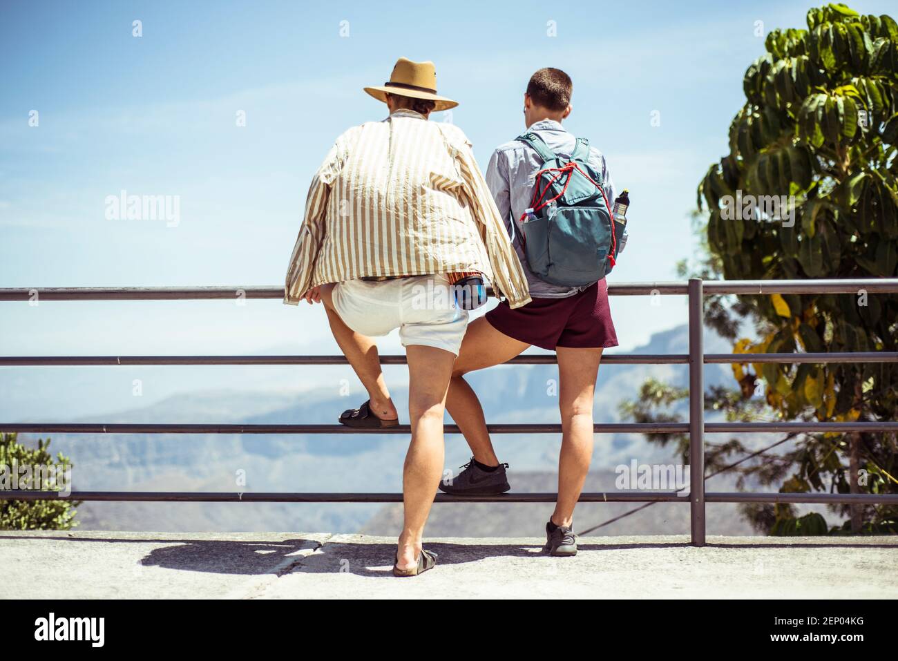 Alternativa giovani viaggiatori guardare fuori a secco estate paesaggio vista Foto Stock