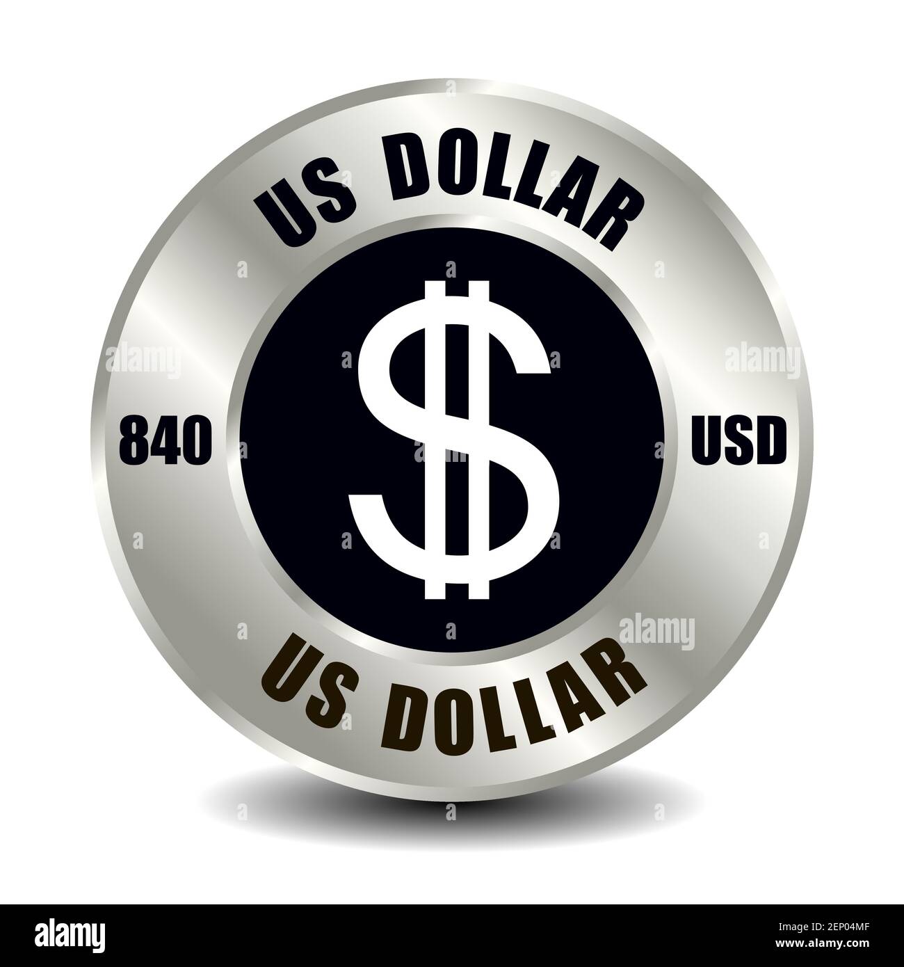 USA icona denaro isolato su moneta d'argento rotonda. Simbolo vettoriale della valuta con codice ISO internazionale e abbreviazione Illustrazione Vettoriale