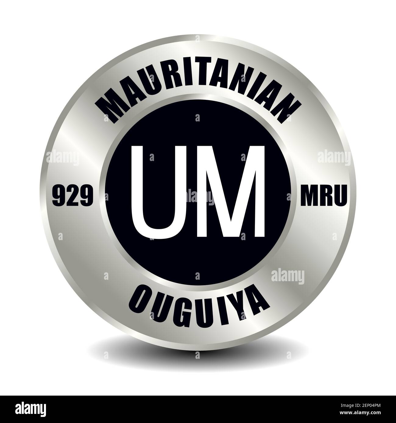 Mauritania moneta icona isolato su moneta rotonda d'argento. Simbolo vettoriale della valuta con codice ISO internazionale e abbreviazione Illustrazione Vettoriale