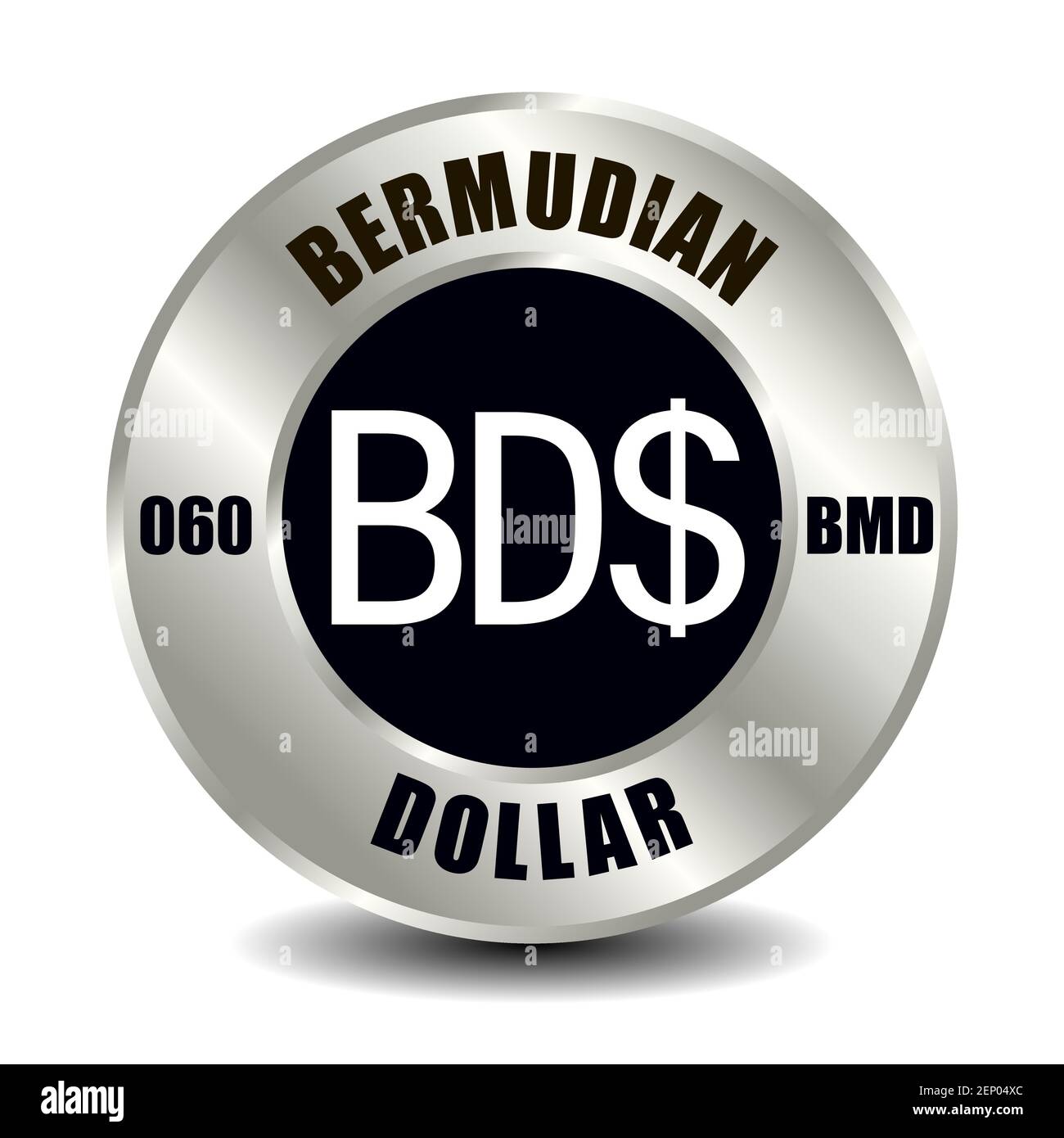 Bermuda icona moneta isolata su moneta rotonda d'argento. Simbolo vettoriale della valuta con codice ISO internazionale e abbreviazione Illustrazione Vettoriale