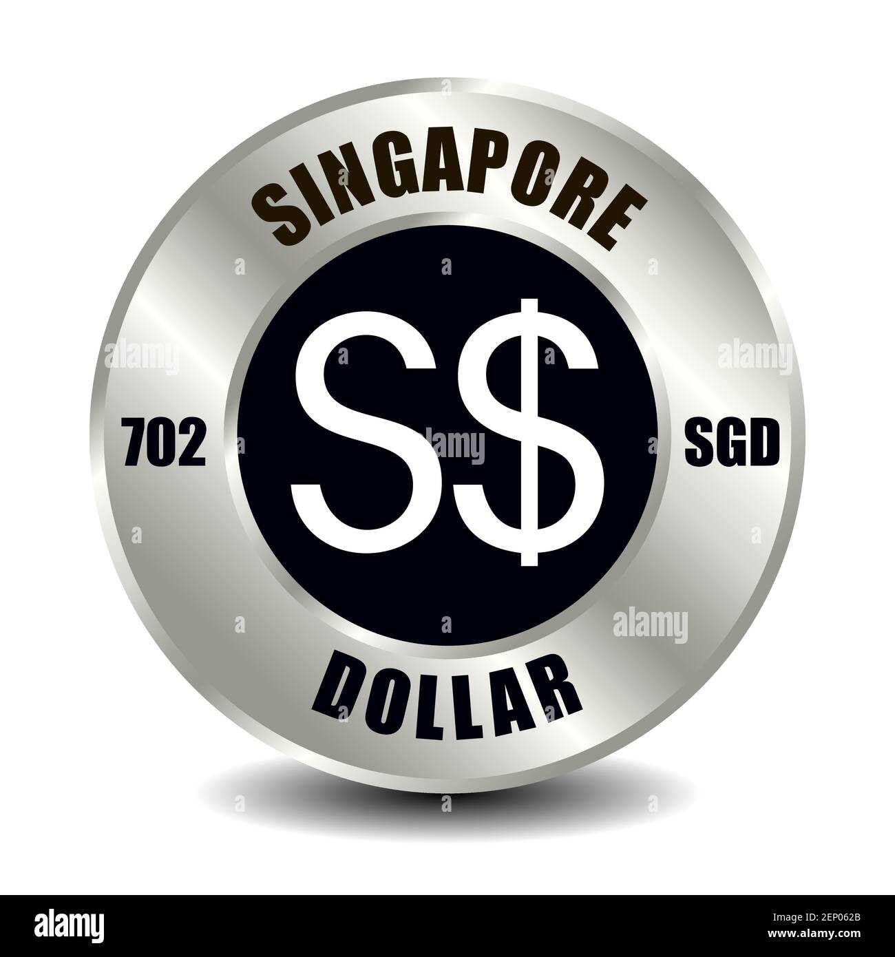 Icona del denaro di Singapore isolata su moneta d'argento rotonda. Simbolo vettoriale della valuta con codice ISO internazionale e abbreviazione Illustrazione Vettoriale