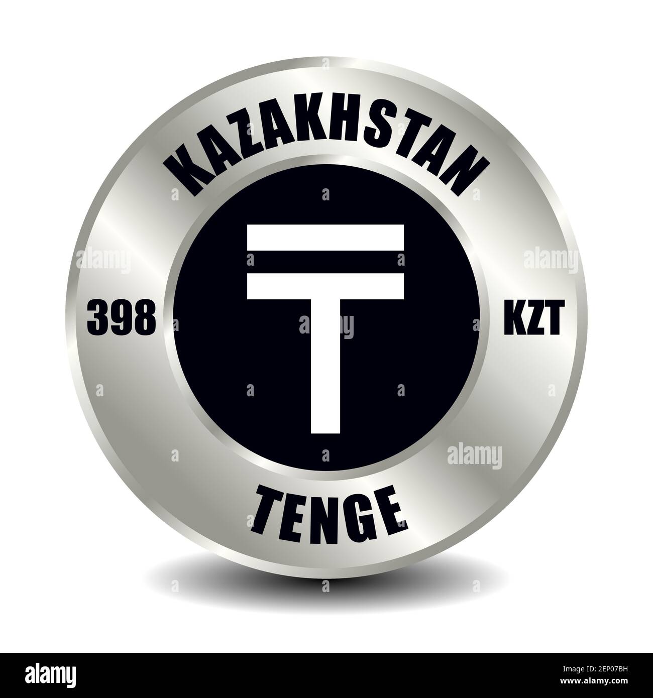 Icona del denaro del Kazakistan isolata su una moneta d'argento rotonda. Simbolo vettoriale della valuta con codice ISO internazionale e abbreviazione Illustrazione Vettoriale