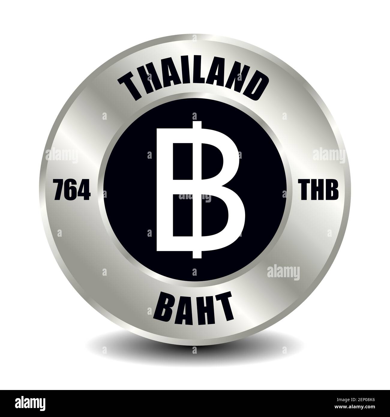 Icona del denaro della Thailandia isolata su moneta d'argento rotonda. Simbolo vettoriale della valuta con codice ISO internazionale e abbreviazione Illustrazione Vettoriale