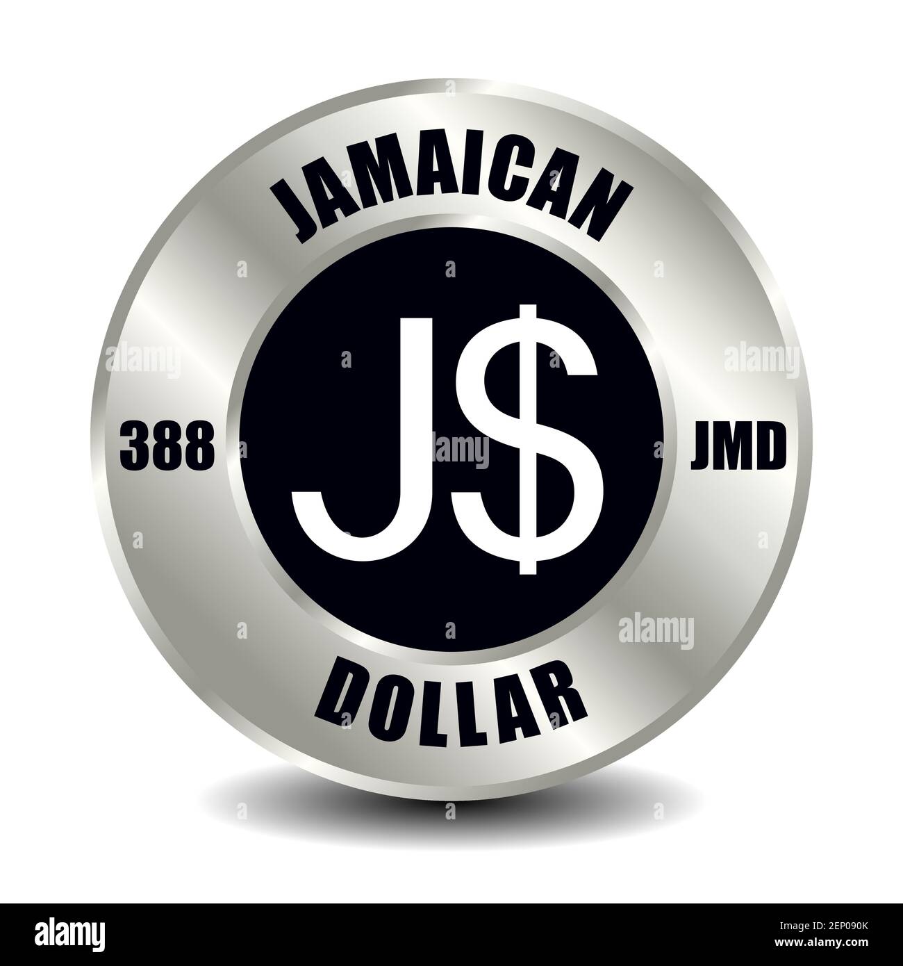 Giamaica moneta icona isolato su moneta rotonda d'argento. Simbolo vettoriale della valuta con codice ISO internazionale e abbreviazione Illustrazione Vettoriale