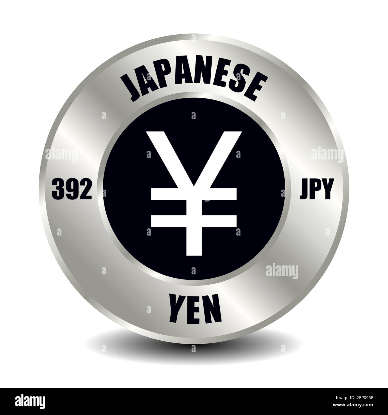 Icona del denaro giapponese isolata su moneta d'argento rotonda. Simbolo vettoriale della valuta con codice ISO internazionale e abbreviazione Illustrazione Vettoriale