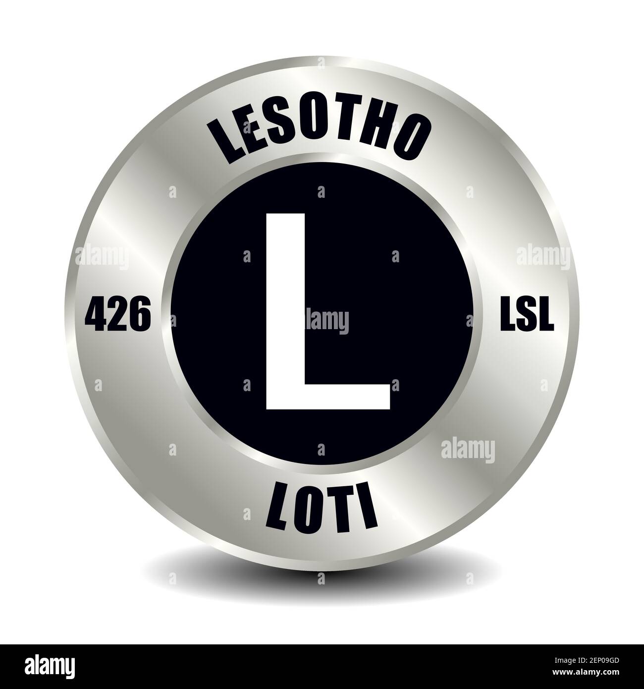 Icona del denaro del Lesotho isolata su moneta d'argento rotonda. Simbolo vettoriale della valuta con codice ISO internazionale e abbreviazione Illustrazione Vettoriale