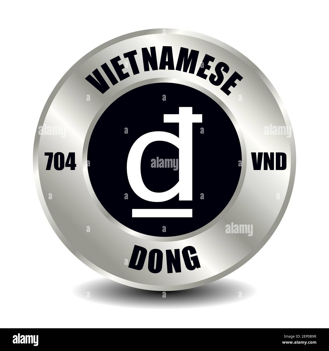 Icona del denaro del Vietnam isolata su una moneta d'argento rotonda. Simbolo vettoriale della valuta con codice ISO internazionale e abbreviazione Illustrazione Vettoriale