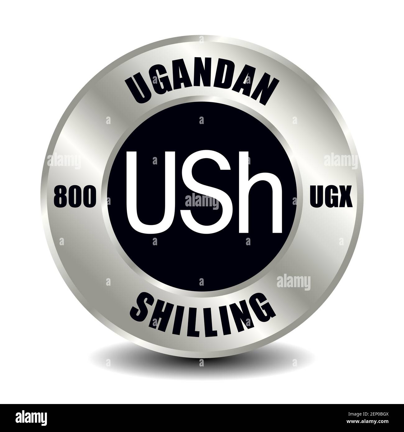 Icona del denaro ugandese isolata su una moneta d'argento rotonda. Simbolo vettoriale della valuta con codice ISO internazionale e abbreviazione Illustrazione Vettoriale