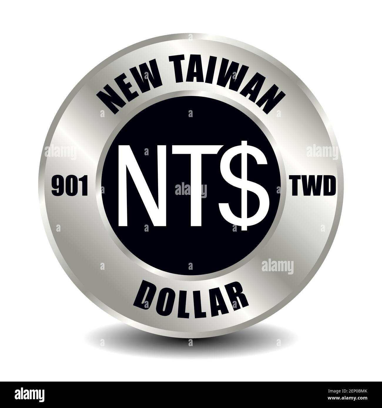 Icona del denaro di Taiwan isolata su moneta d'argento rotonda. Simbolo vettoriale della valuta con codice ISO internazionale e abbreviazione Illustrazione Vettoriale