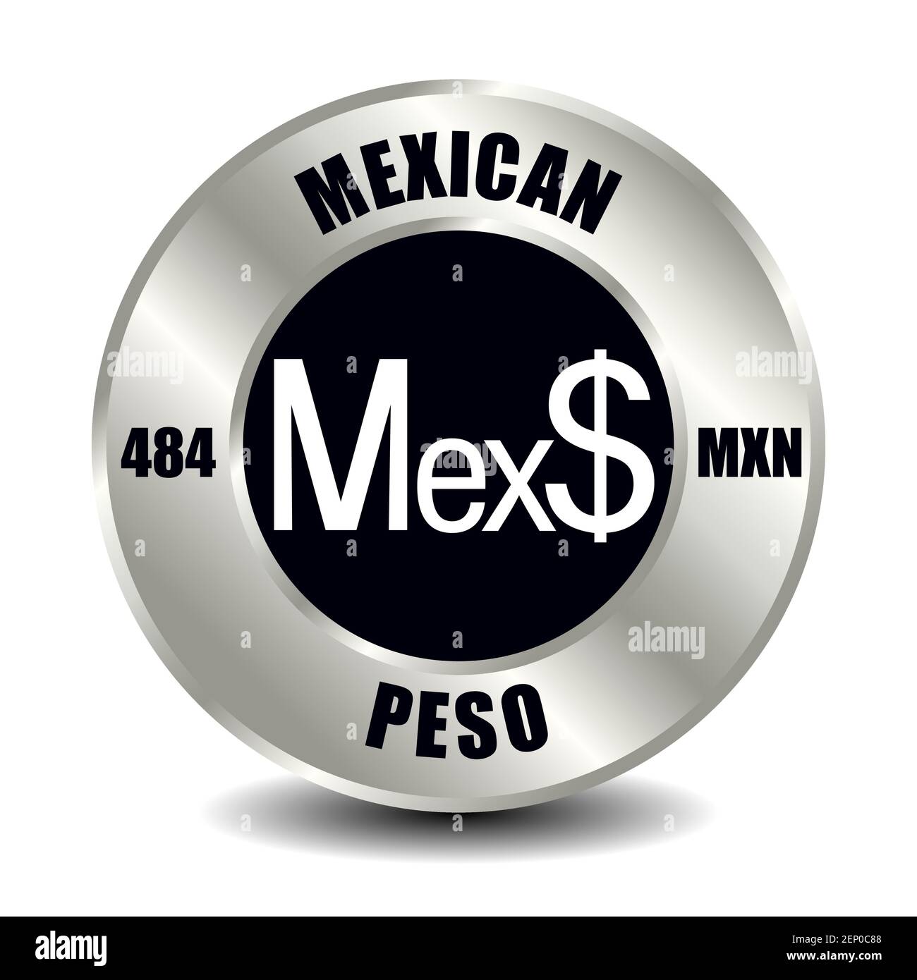 Icona del denaro del Messico isolata su una moneta d'argento rotonda. Simbolo vettoriale della valuta con codice ISO internazionale e abbreviazione Illustrazione Vettoriale