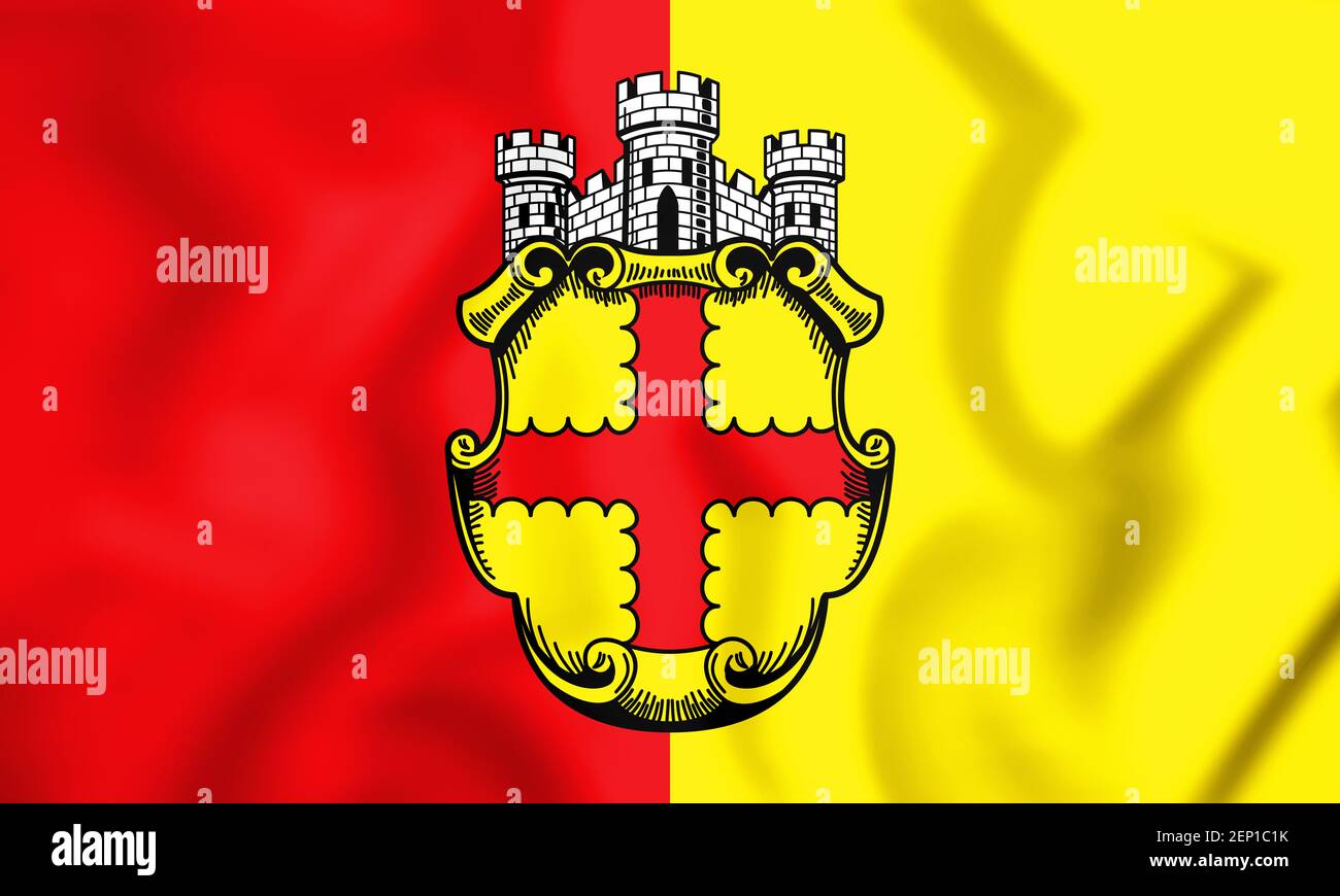 Bandiera 3D di Eupen (provincia di Liegi), Belgio. Illustrazione 3D. Foto Stock