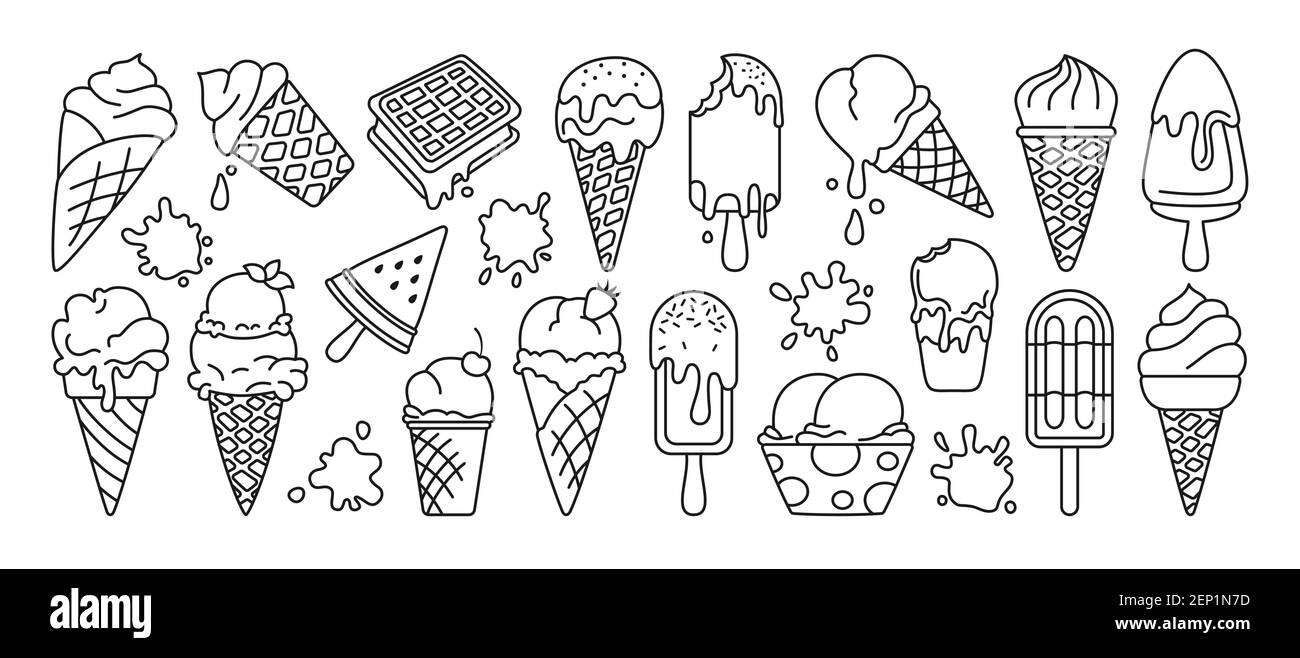 Set di linee nere per gelato. Cioccolato, cartoni di vaniglia gelato frutta cono, menta, bacche. Kawaii icona collezione estiva dolce cibo e spruzzi. Cocomero sul bastone. Illustrazione del vettore dessert isolato Illustrazione Vettoriale