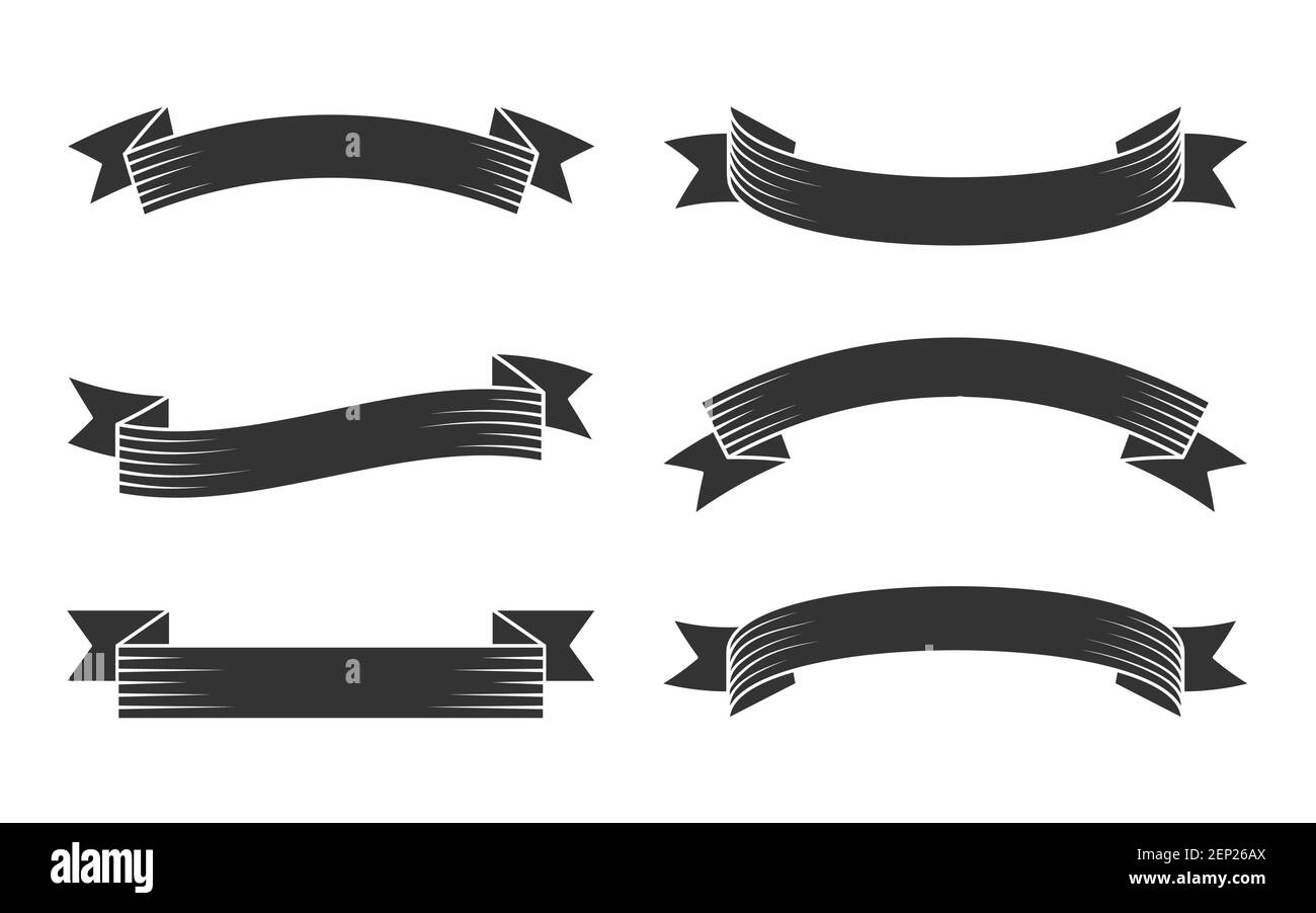 Vecchio set di nastri vintage con silhouette nera. Nastro per striscioni retrò in stile incisione. Modello vuoto semplice forma diversa. Bandiera decorativa per testo, prezzo tag, etichetta vendita isolato vettore illustrazione Illustrazione Vettoriale
