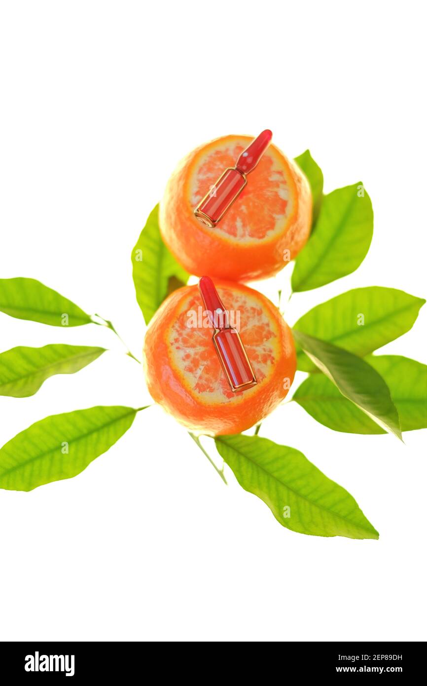 Siero di vitamina C. con vitamina C. ampolle primo piano sulle tangerine frutti con foglie verdi lucide isolate su sfondo bianco.prevenzione dell'immunità Foto Stock