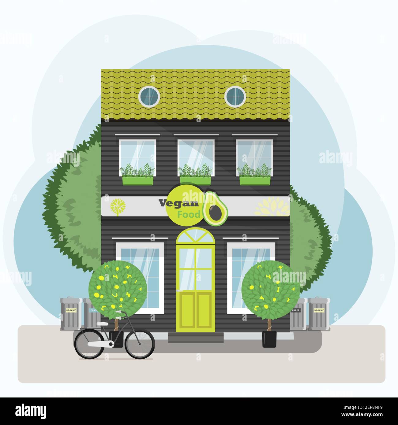 Illustrazione vettoriale esterna del Ristorante vegan. Design piatto della facciata. Concetto di edificio caffetteria. Ristorante grigio a due piani in stile europeo. Illustrazione Illustrazione Vettoriale