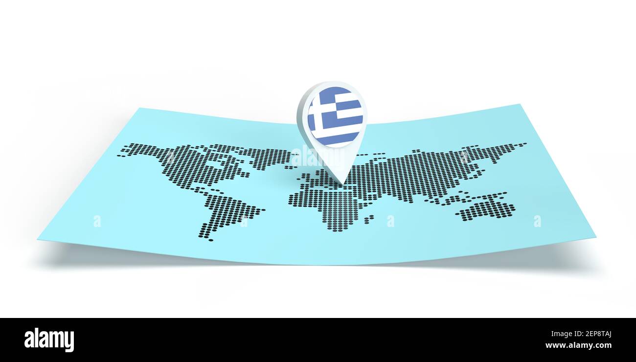 Localizzatore di mappe dei paesi con rendering 3D che punta su una destinazione globale su una mappa del mondo piatta. Symbol riporta la bandiera della Grecia. Illustrazione isolata con spazio per la copia Foto Stock