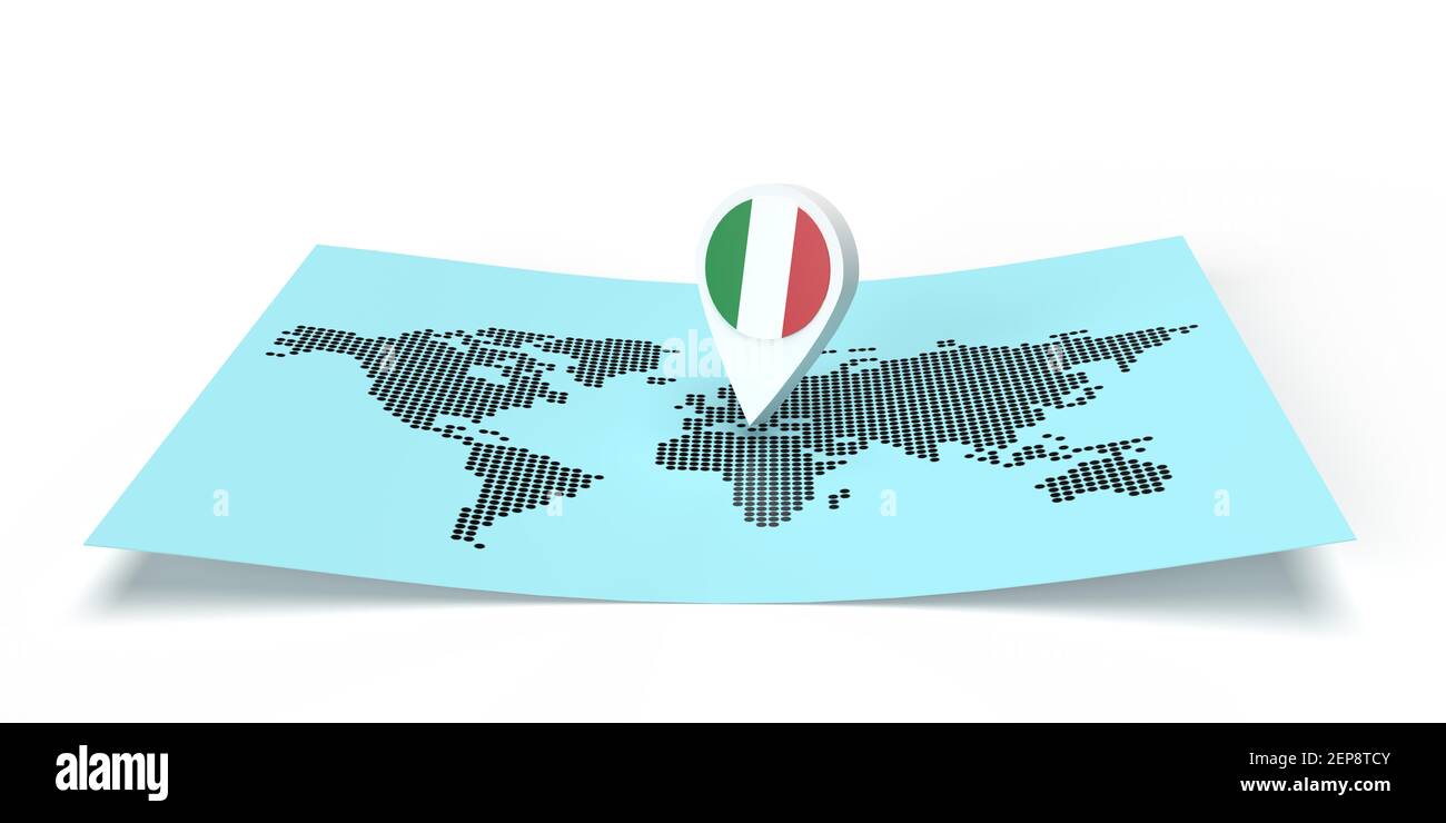 Localizzatore di mappe dei paesi con rendering 3D che punta su una destinazione globale su una mappa del mondo piatta. Symbol riporta la bandiera DELL'ITALIA. Illustrazione isolata con spazio per la copia Foto Stock