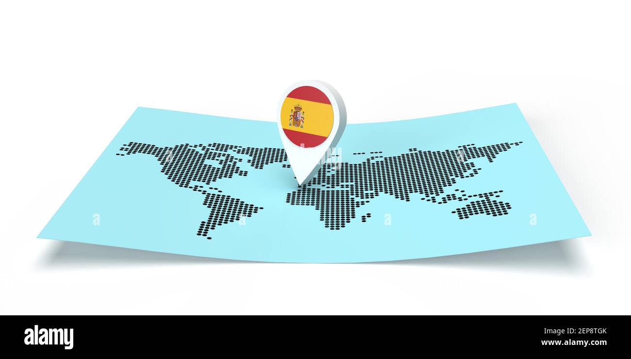 Un localizzatore di mappe dei paesi con rendering 3D che punta su una destinazione globale su una mappa del mondo piatta. Symbol riporta la bandiera DELLA SPAGNA. Illustrazione isolata con spazio per la copia Foto Stock