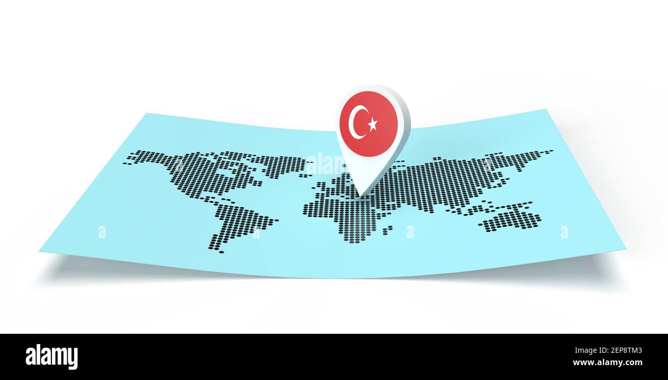 Localizzatore di mappe dei paesi con rendering 3D che punta su una destinazione globale su una mappa del mondo piatta. Symbol riporta la bandiera DELLA TURCHIA. Illustrazione isolata con spazio per la copia Foto Stock
