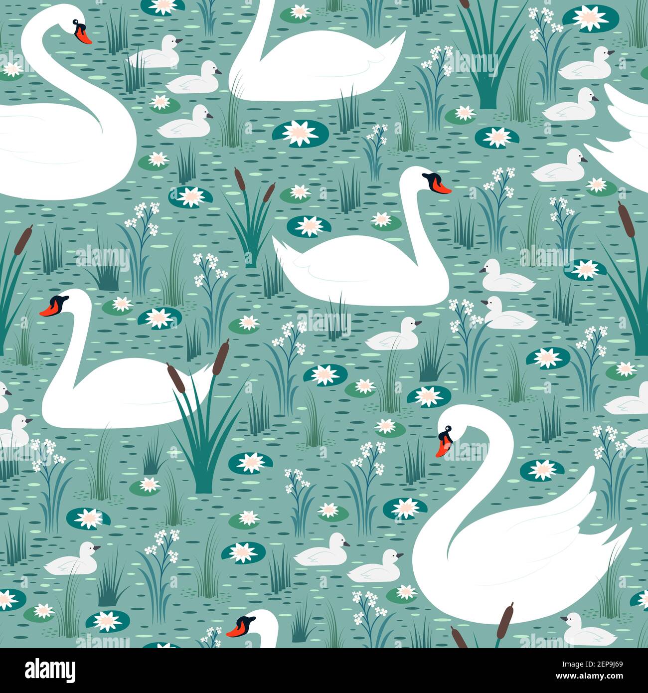 Cigni bianchi con pulcini nuotare nello stagno tra gigli e canne senza cuciture modello. Sfondo vettoriale con uccelli in natura. Illustrazione Vettoriale