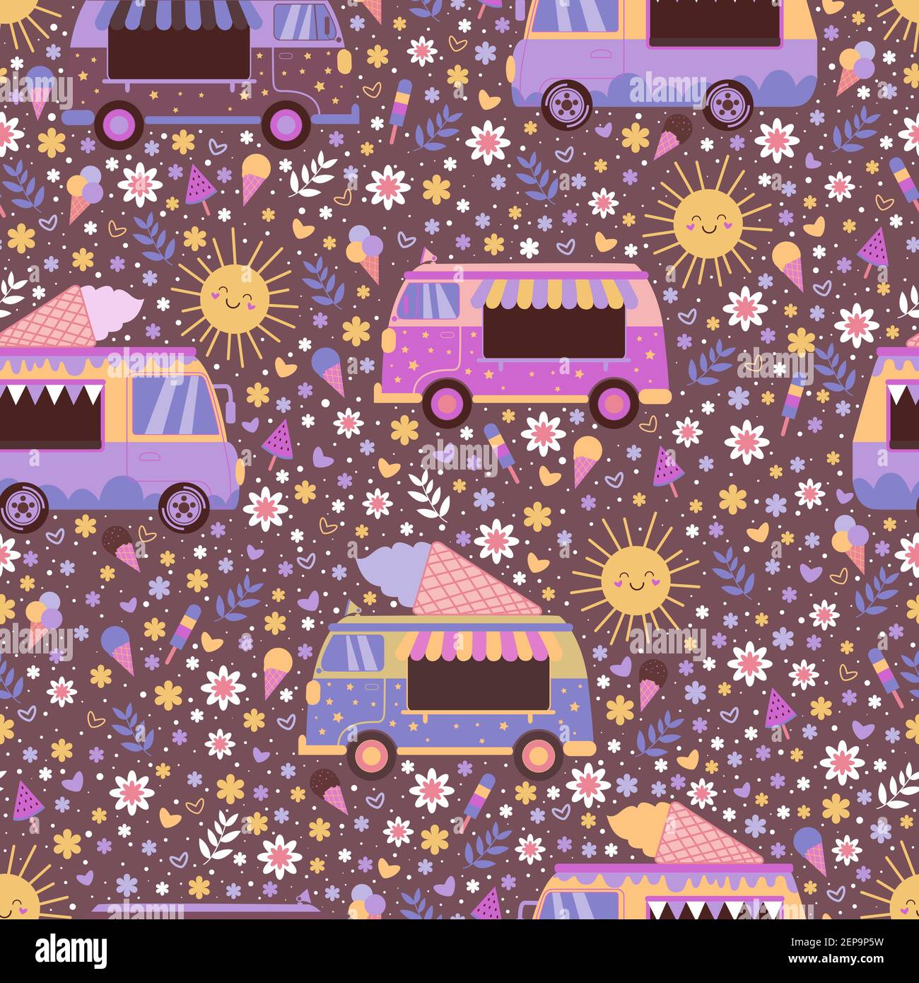 Colorful gelato camion modello senza giunture, con cute sorridente sole, fiori, cuori e gelato. Estate piena di cartoni animati vettoriali texture con auto giocattolo a Illustrazione Vettoriale