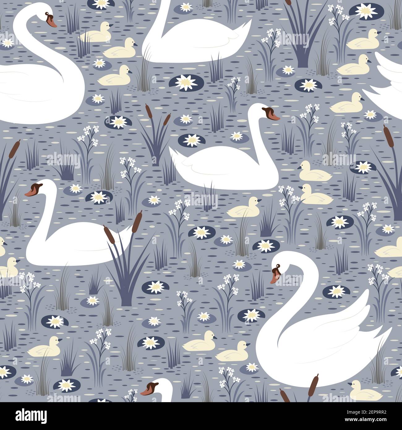 Eleganti cigni bianchi con pulcini nuotano nello stagno tra gigli e canne senza cuciture modello. Sfondo vettoriale con uccelli in natura. Illustrazione Vettoriale