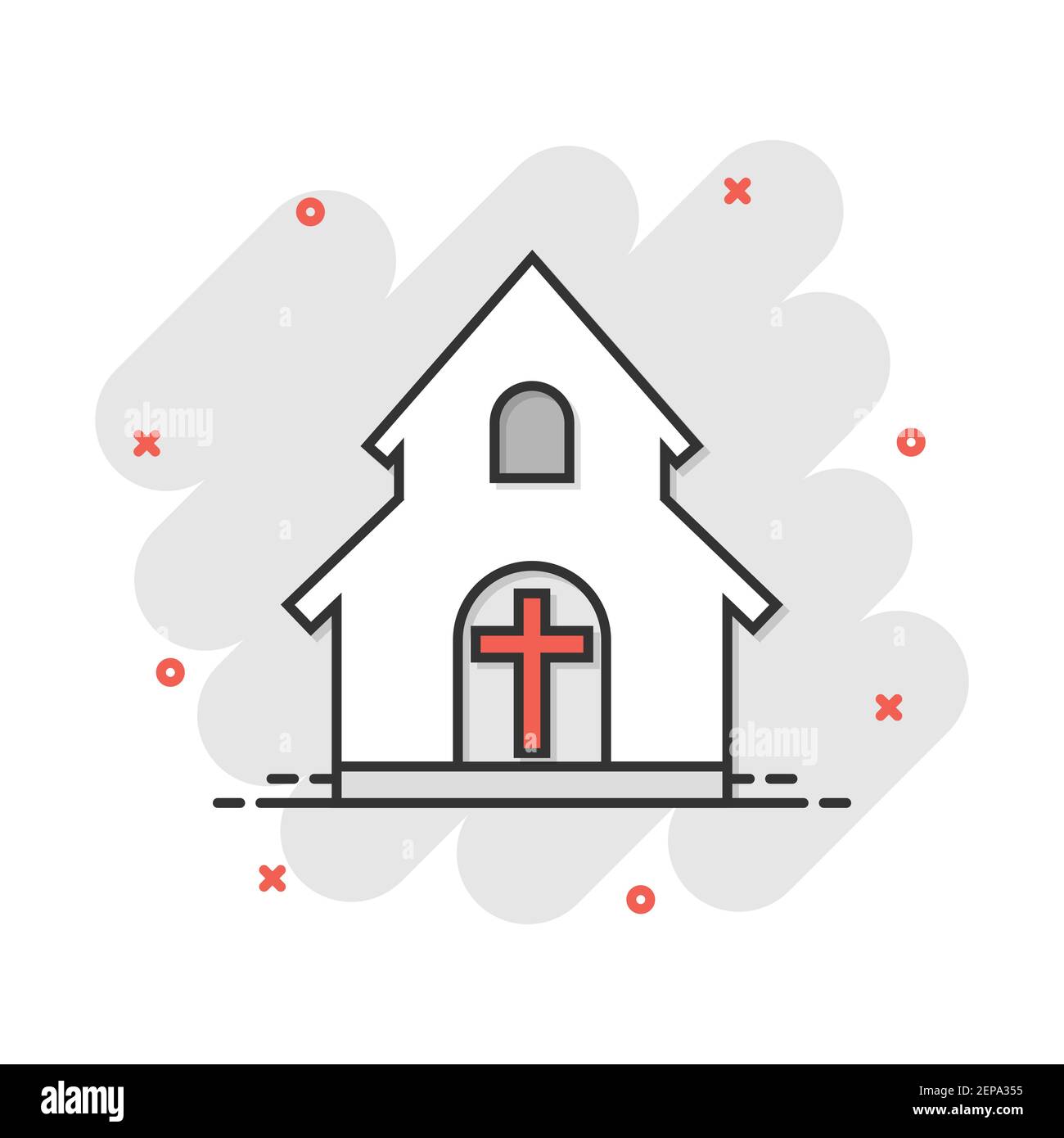 Vector cartoon chiesa santuario icona in stile fumetto. Cappella illustrazione di segno pittogramma. Chiesa business effetto splash concept. Illustrazione Vettoriale