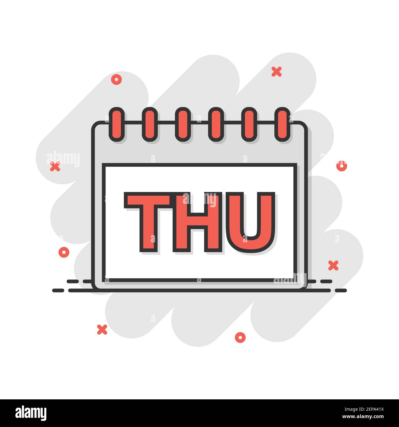 Vector cartoon giovedì calendario pagina icona in stile fumetto. Segno del calendario illustrazione pittogramma. Giovedì agenda business effetto splash concept. Illustrazione Vettoriale