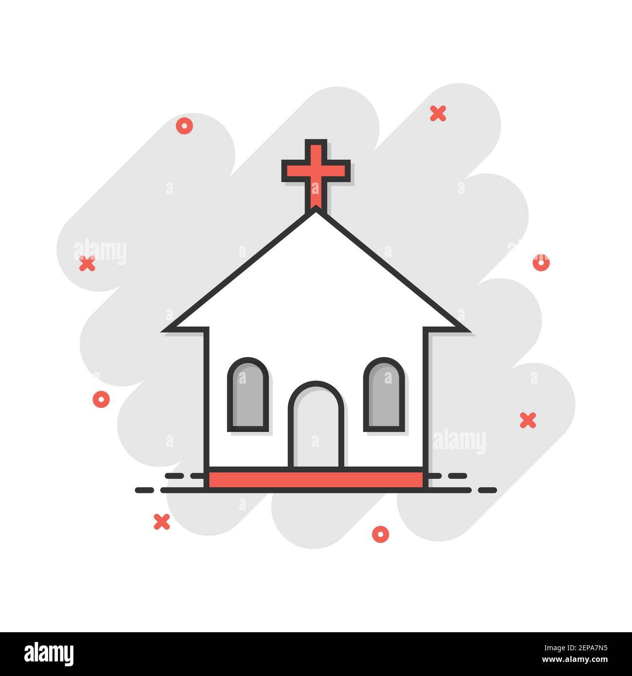 Vector cartoon chiesa santuario icona in stile fumetto. Cappella illustrazione di segno pittogramma. Chiesa business effetto splash concept. Illustrazione Vettoriale