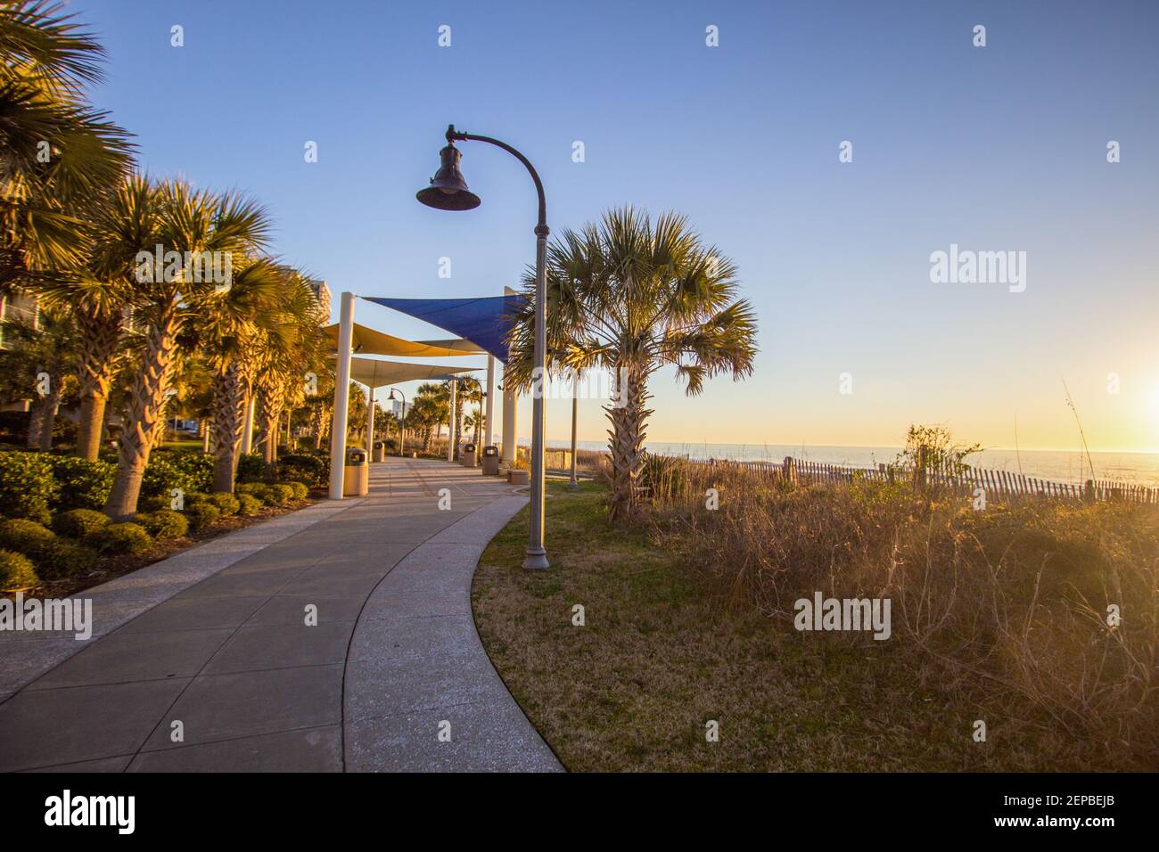 Myrtle Beach South Carolina Sunrise. Alba lungo il lungomare fiancheggiato da palme sulla costa atlantica nel centro di Myrtle Beach. Foto Stock