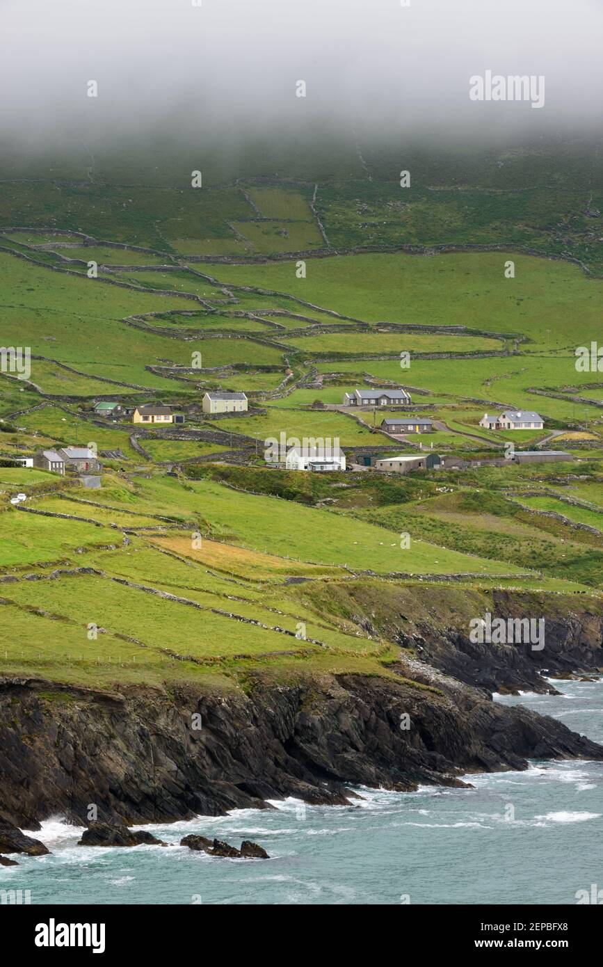 Un gruppo di case sotto la nuvola di basso livello su Slea Head, Penisola di Dingle, Irlanda. Foto Stock