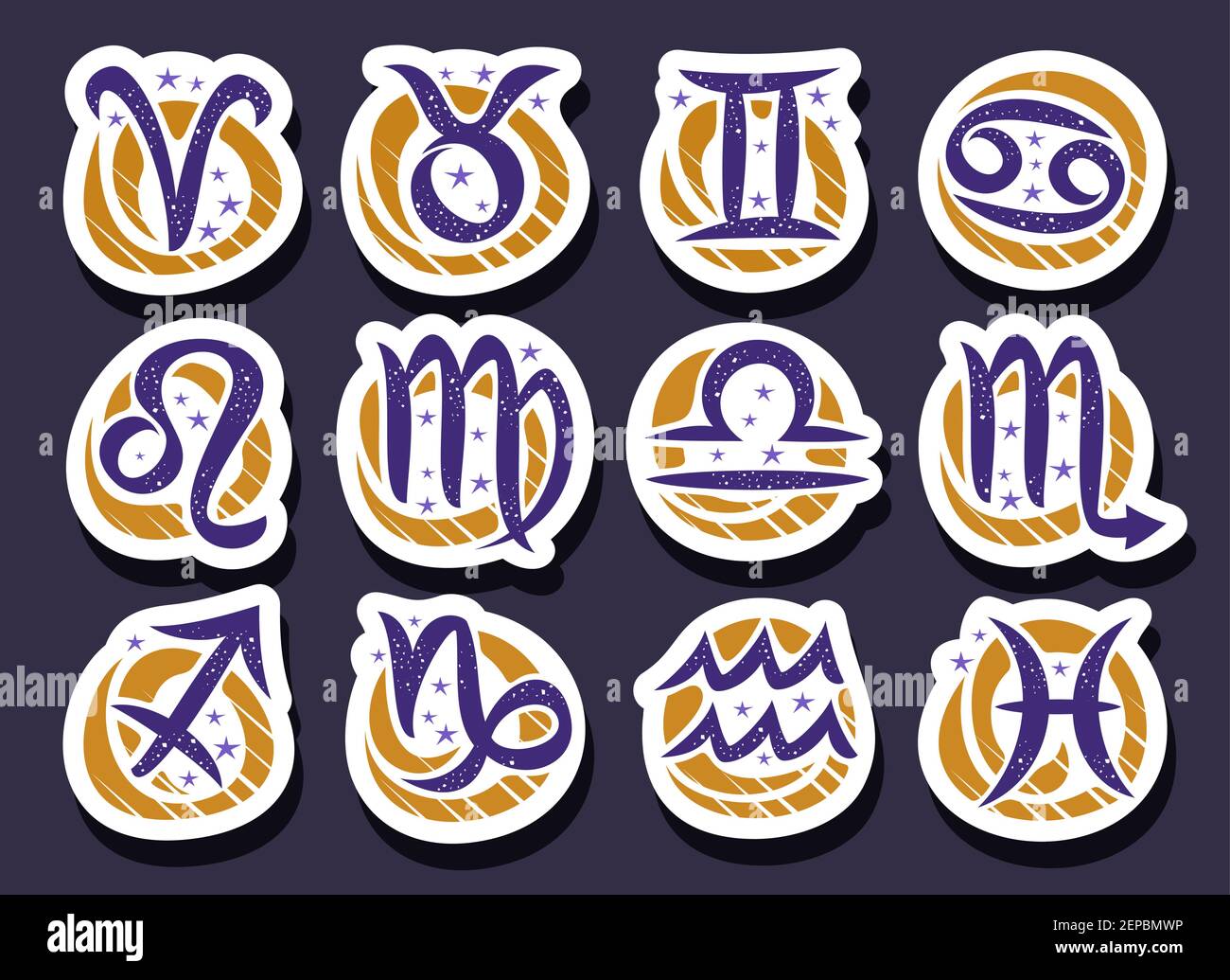 Insieme vettoriale di segni zodiacali, raccolta di 12 simboli astrologici ritagliati con segni zodiacali a pennello scritti a mano e stelle cartoni animati, dodici ast calligrafici Illustrazione Vettoriale