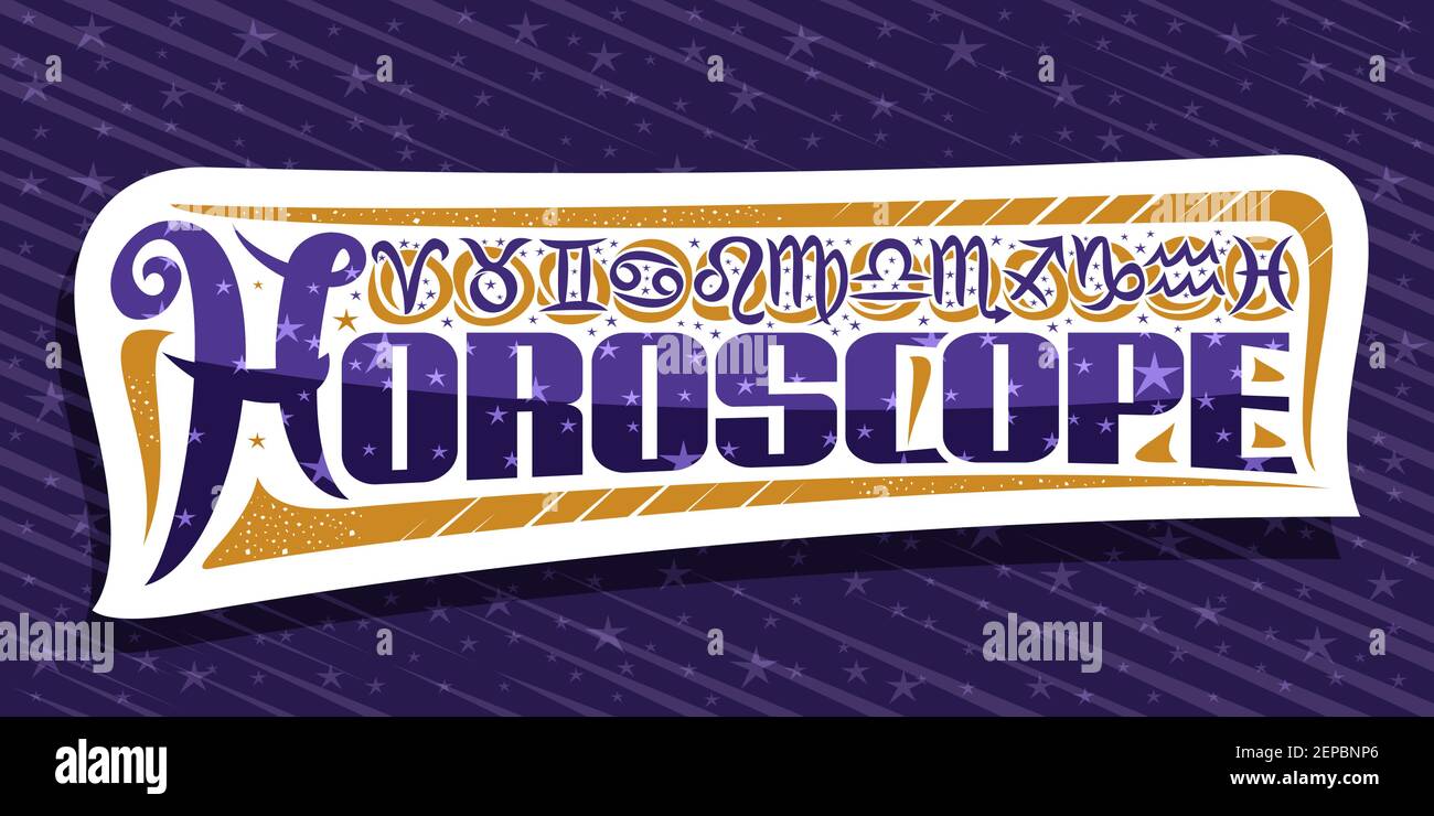 Logo vettoriale per Oroscopo, collezione di 12 simboli astrologici decorativi con segni zodiacali scritti a mano e stelle cartoni animati, etichetta bianca con dodici calli Illustrazione Vettoriale