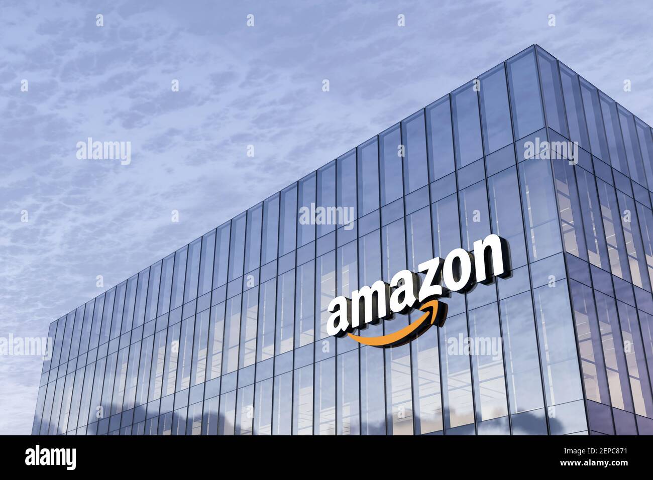 Seattle, Washington, Stati Uniti. 18 febbraio 2021. Solo per uso editoriale, CGI 3D. Logo Amazon Signage sulla parte superiore dell'edificio in vetro. Ufficio dell'azienda di e-commerce sul posto di lavoro HA Foto Stock
