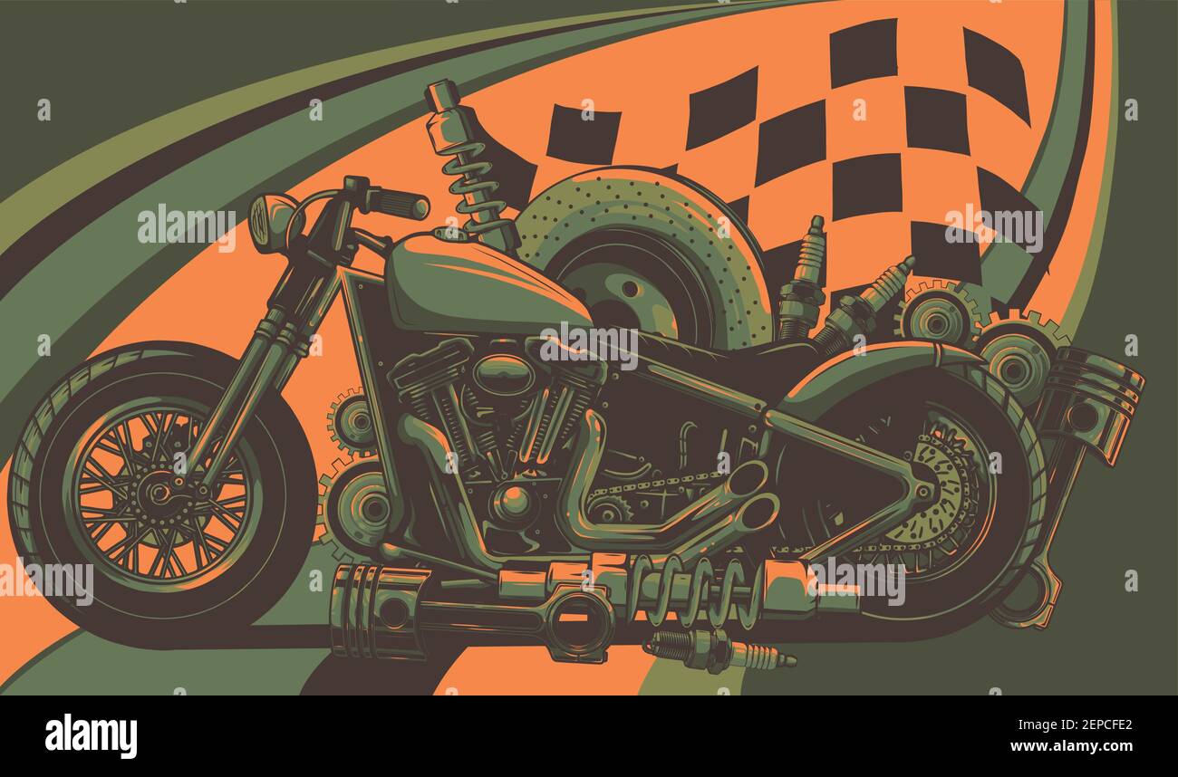 Moto Vector con parti di ricambio e bandiera da gara Illustrazione Vettoriale