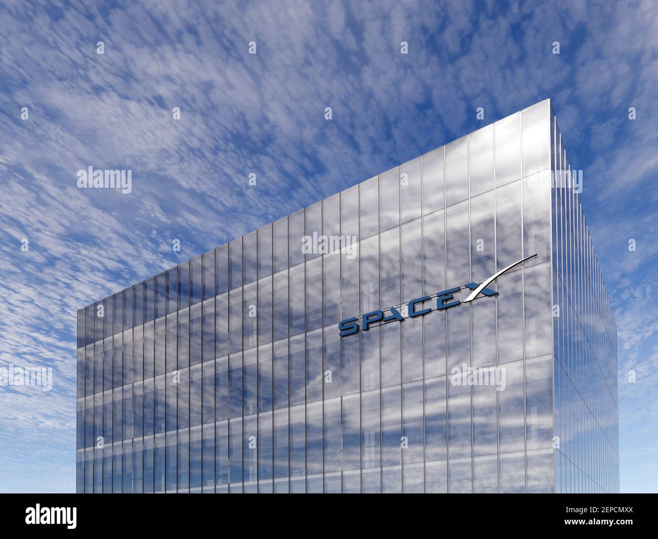 Hawthorne, California, Stati Uniti. 15 giugno 2020. Solo per uso editoriale, CGI 3D. Logo SpaceX Glowing Signage sulla parte superiore dell'edificio in vetro. Luogo di lavoro in High-Rise Office HA Foto Stock