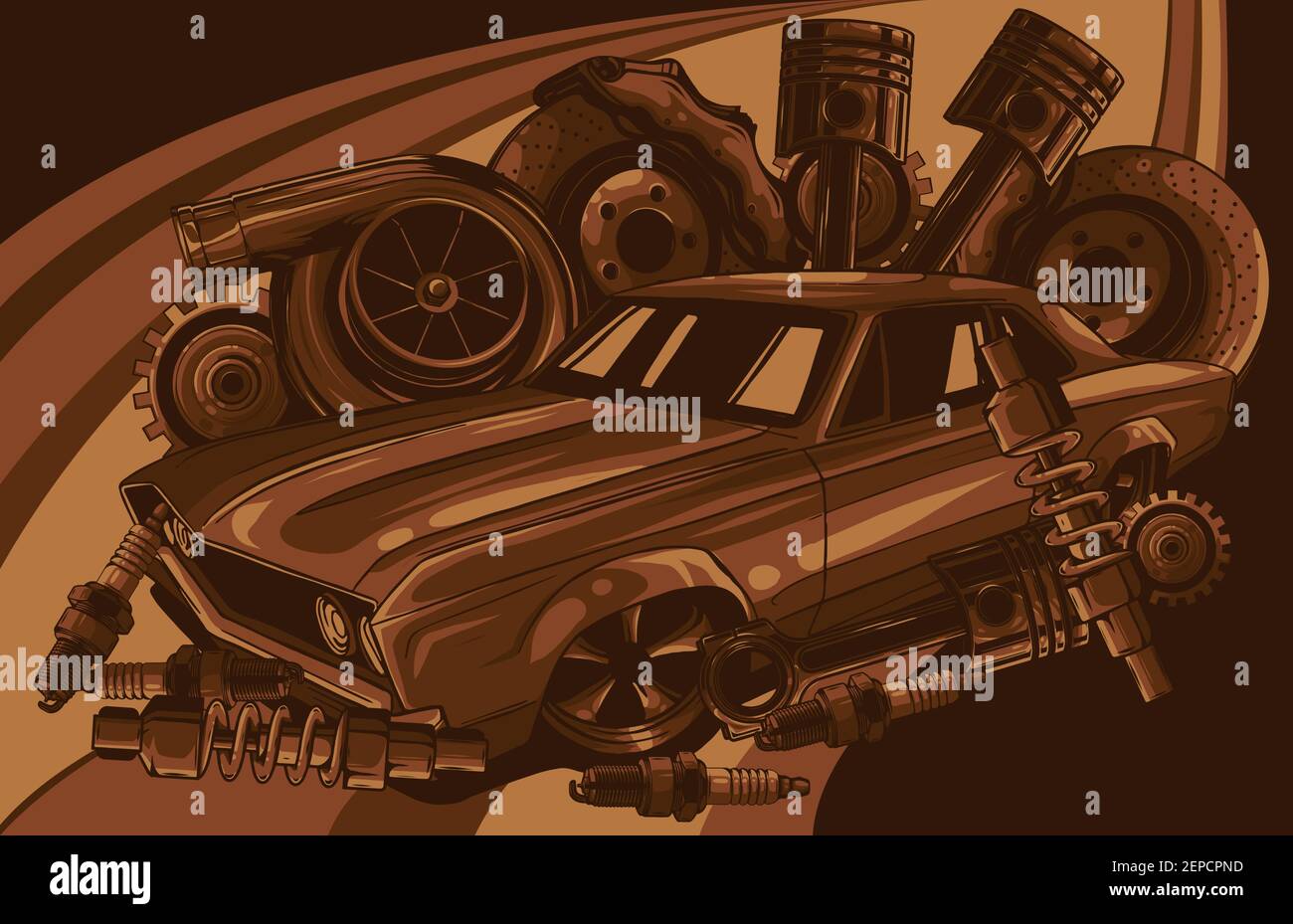 Auto con disegno di illustrazione vettoriale dei pezzi di ricambio Illustrazione Vettoriale