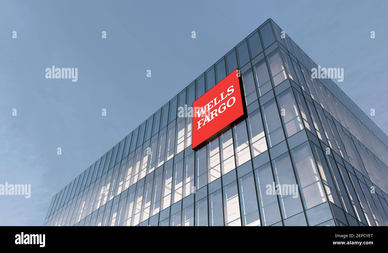 San Francisco, California. 27 febbraio 2021. Solo per uso editoriale, CGI 3D. Logo Wells Fargo Signage sulla parte superiore dell'edificio in vetro. Retai del servizio finanziario sul luogo di lavoro Foto Stock