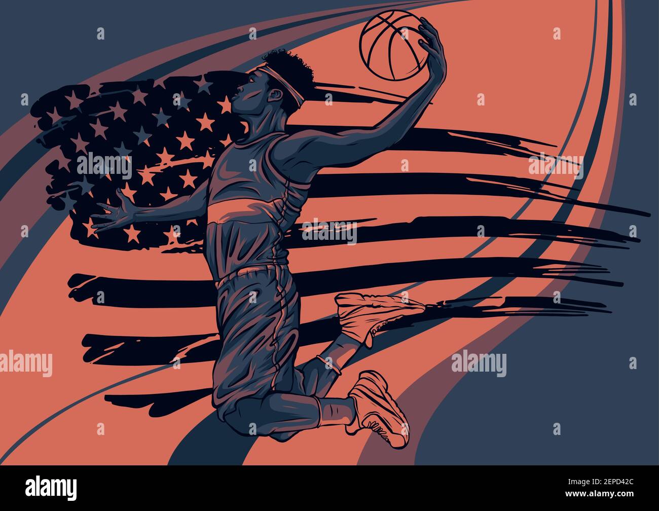 Illustrazione creativa di un giocatore di pallacanestro sui colori della bandiera americana sfondo Illustrazione Vettoriale