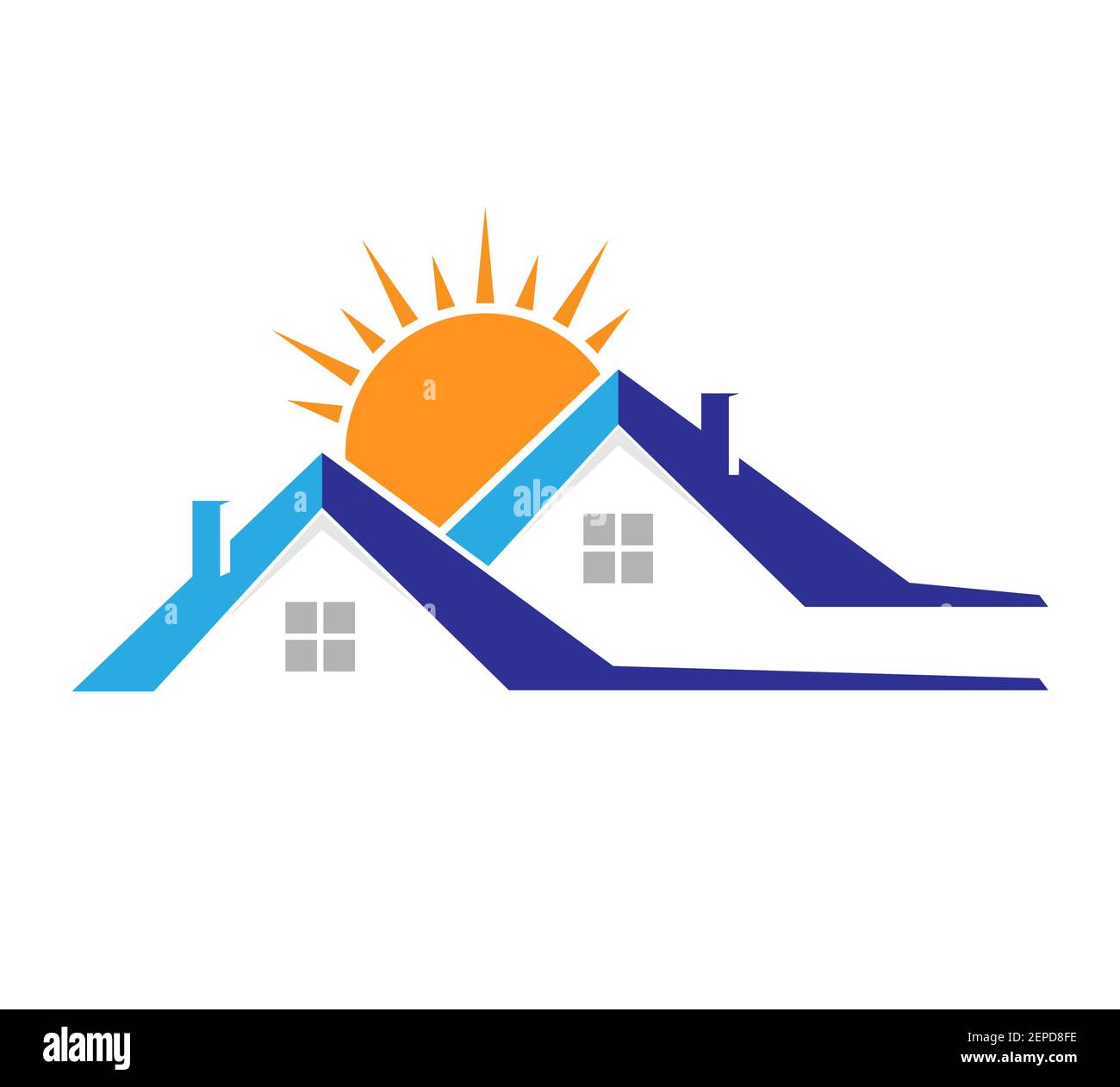Tramonto sullo sfondo dei tetti delle case. Una semplice illustrazione vettoriale per un logo, un emblema o un marchio. Stile piatto Illustrazione Vettoriale