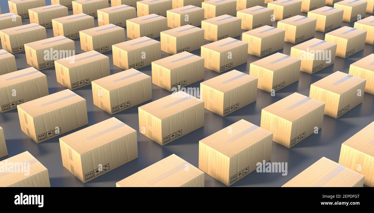 Magazzino scatole di cartone fondo, scatole di cartone sul pavimento industriale. Concetto di fabbricazione, imballaggio e logistica. illustrazione 3d Foto Stock