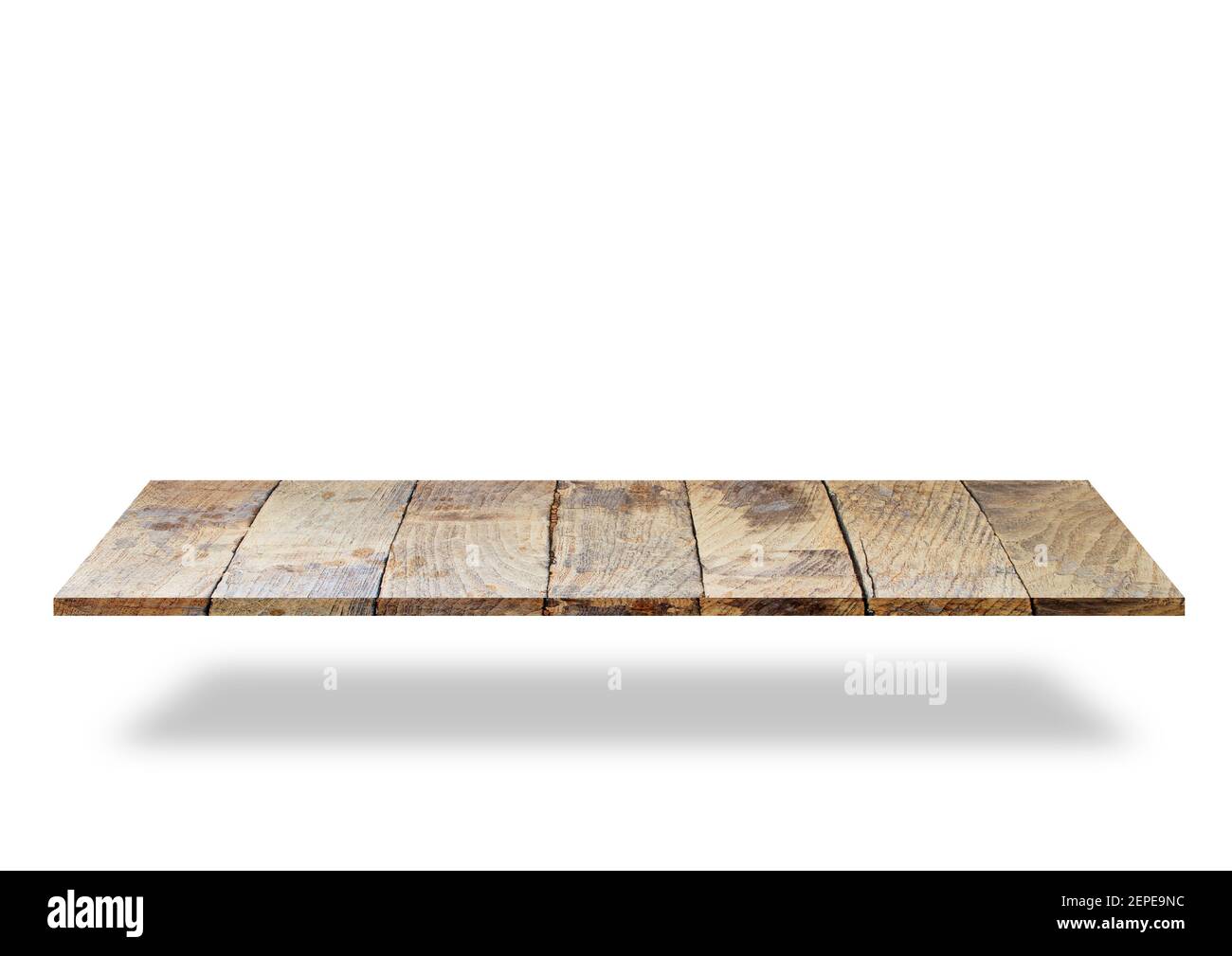 Piano vuoto di pavimenti in legno isolato su sfondo bianco. Per la visualizzazione del prodotto. Foto Stock