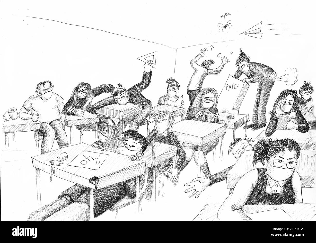 Gli studenti si comportano male in classe. Illustrazione. Foto Stock