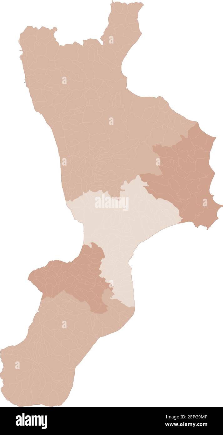 Mappa della Calabria, divisione per province e comuni. Poligoni chiusi e perfettamente modificabili, riempimento poligono e tracciati di colore modificabili a volontà. Livelli. Illustrazione Vettoriale