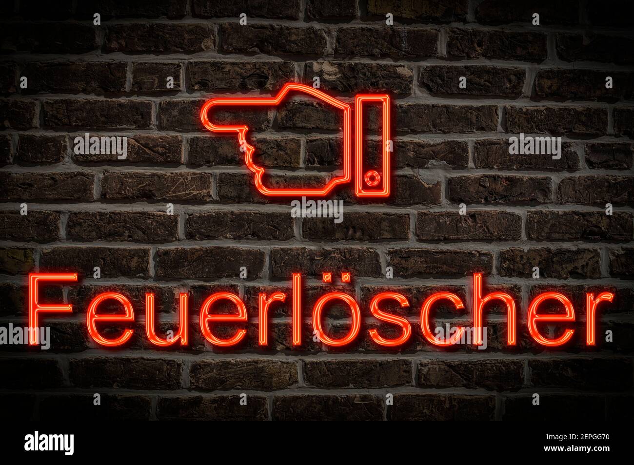 Foto di dettaglio di un cartello al neon su una parete Con l'iscrizione Feuerlöscher (estintore) Foto Stock